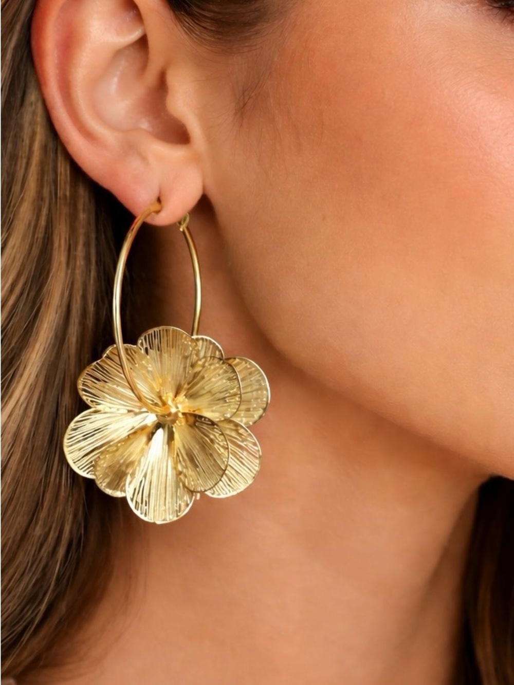 Gold Tone Floral Hoop Earrings Statement Flower Dangle Earrings Lightweight
